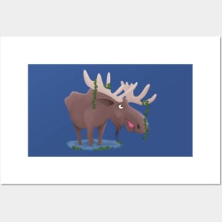 Funny happy moose cartoon illustration Posters and Art